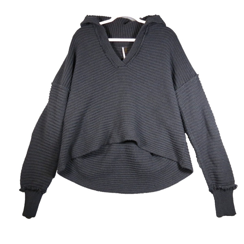 Free People Womens Marlie Black Ribbed V-Neck Oversized Sweater Boho Size M